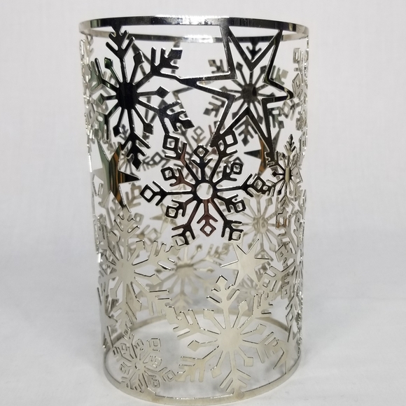 Silver Snowflakes Stars Jar Candle Sleeve Holder Metal 4" x 6.5"H - Picture 6 of 6